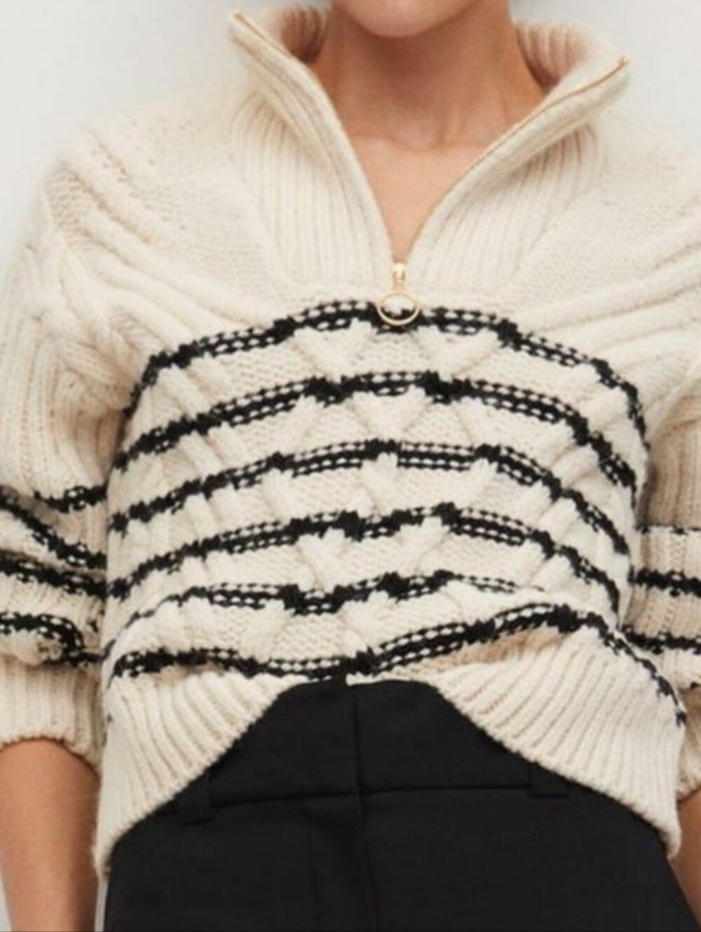 Mango MNG Cozy Cream Cable-Knit Half-Zip Sweater with Black Stripe Size L
